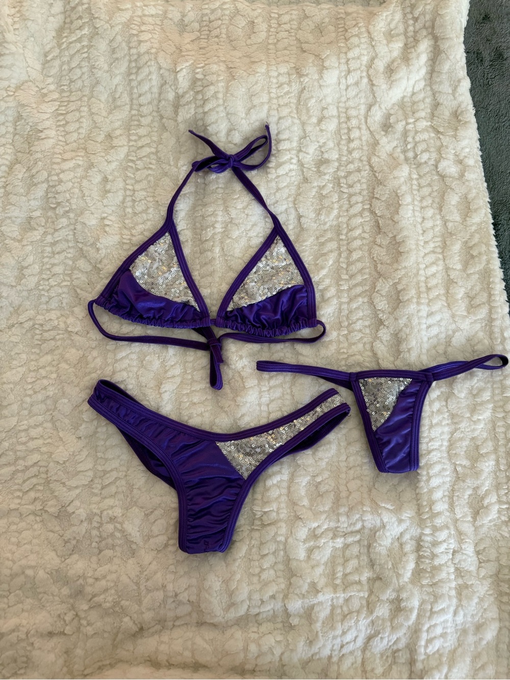 Vibrant Purple Sequin Triangle Bikini Set - Adjustable Tie Swimwear